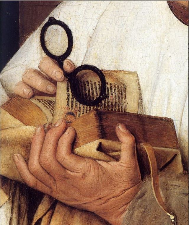 Madonna del canonico Van der Paele, Dettaglio, Jan van Eyck. Gli occhiali nell'arte